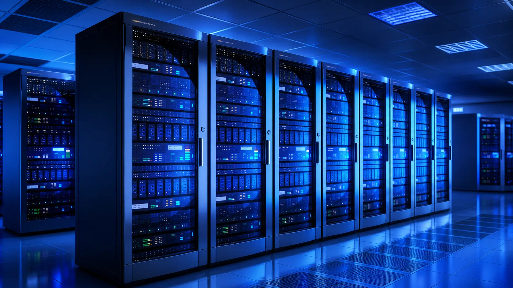Server racks and network equipment in a modern data center