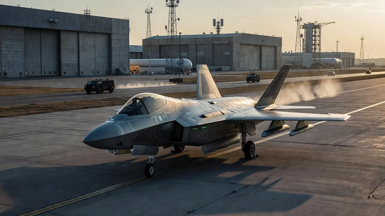 Military aircraft at a modern defense and aerospace facility