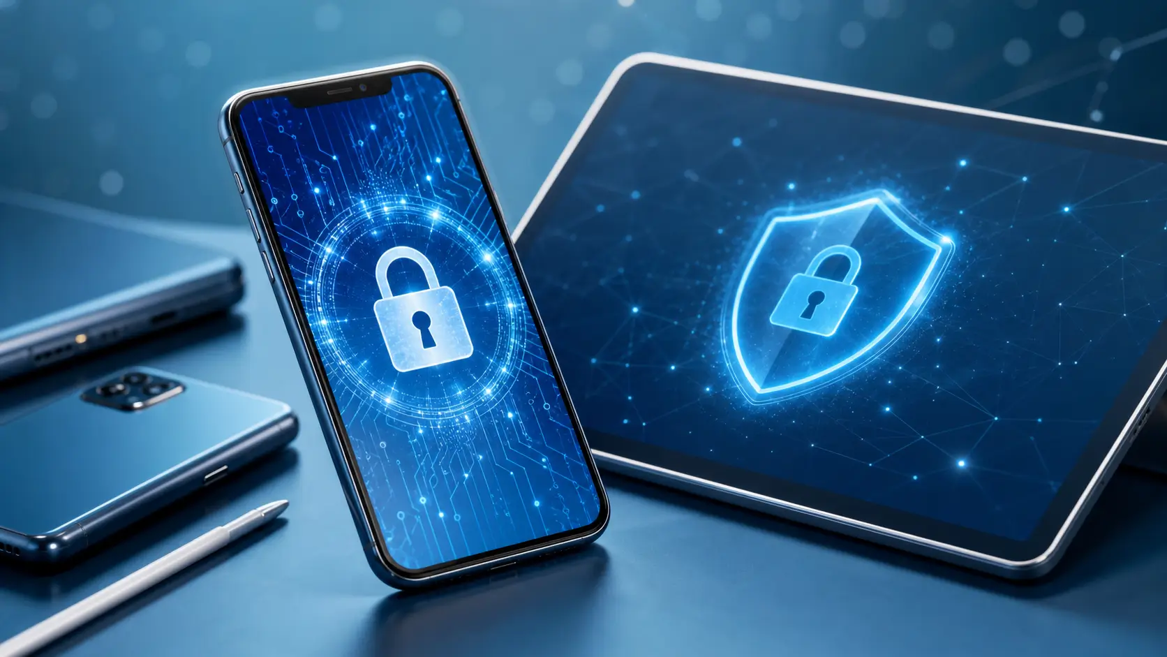 A smartphone and tablet displaying glowing blue security padlock icons representing mobile device cybersecurity solutions by TLG IT.